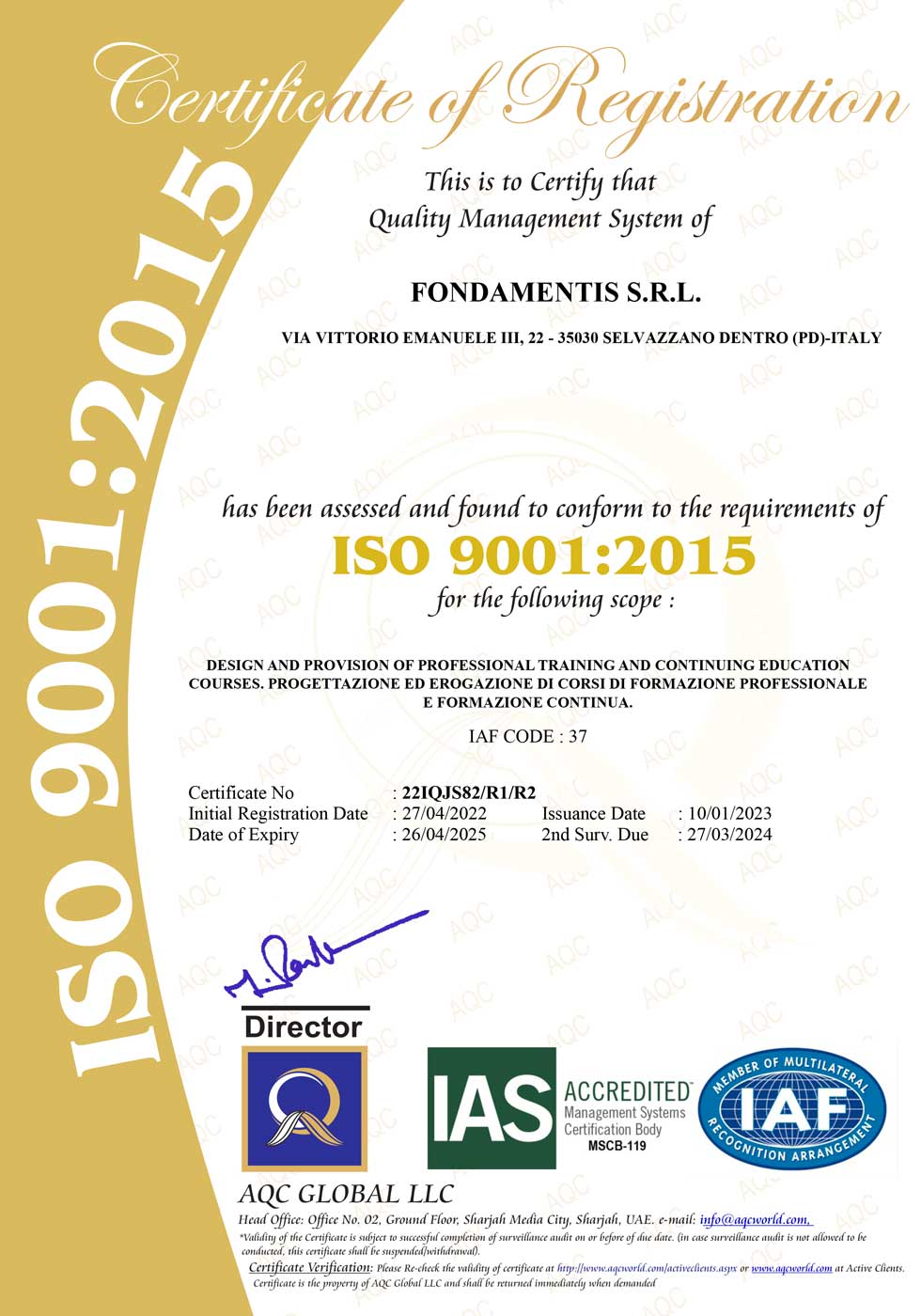 Formazione continua certificata ISO 9001:2015 AQC