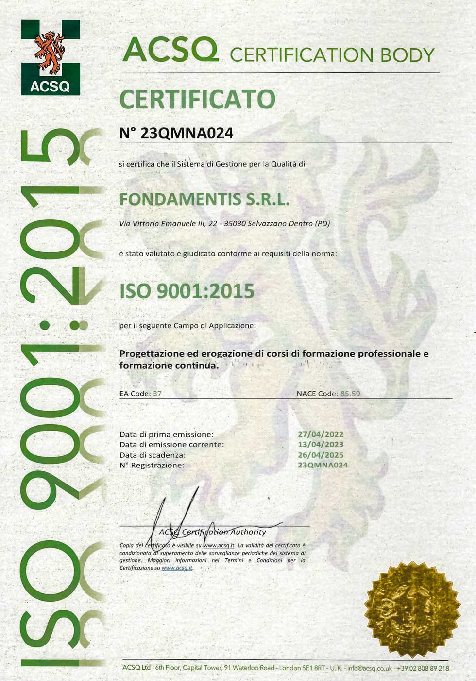 Formazione professionale certificata ISO 9001:2015 ACSQ